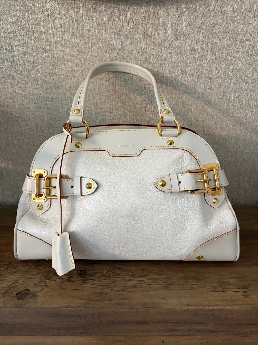 Louis Vuitton White Leather Satchel with Gold Hardware